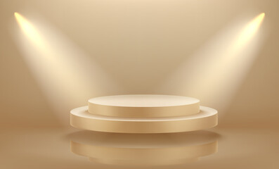 Aufkleber - Gold empty interior illuminated with projectors with levitated platform. 3d vector 
