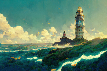 Wall Mural - Sea and Lighthouse. Storm Lightning and Dark Cloud.  Fantasy Backdrop. Concept Art. Realistic Illustration. Video Game Background. Digital Book Painting. CG Scenery Artwork. Serious Painting.  
