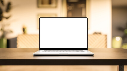 Wall Mural - laptop with blank screen on table in bright livingroom - home office background