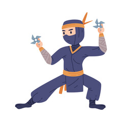 Poster - Standing Ninja or Shinobi Character as Japanese Covert Agent or Mercenary in Shozoku Disguise Costume with Shuriken Vector Illustration