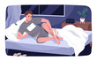 Leg pain, muscle cramp at night. Person awaking in bed with acute ache, numb ankle, foot, joint disorder. Man waking up, suffering from sudden painful spasm of limb. Flat vector illustration