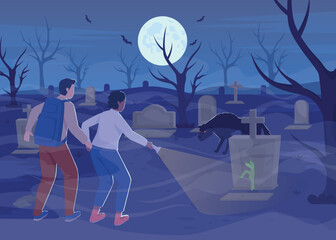 Graveyard flat color vector illustration. Couple visiting cemetery at night. Halloween. Ominous environment. Fully editable 2D simple cartoon characters with full moon and bats on background