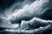 Turbulent Ocean Waves, Dangerous Storm Surf - Moody Overcast Storm Clouds, Gale Force Winds And Impossibly Dangerous Hurricane Rainy Surreal Scene Seascape Digital Illustration.