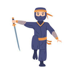 Sticker - Ninja or Shinobi Character as Japanese Covert Agent or Mercenary in Shozoku Disguise Costume with Sword in Fighting Pose Vector Illustration