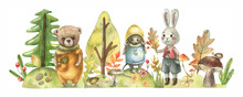 Cartoon Animals-rabbit, Mouse, Bear, Forest Herbs, Flowers, Trees, Christmas Tree, Mushrooms Painted In Watercolor. Watercolor Illustration Of A Fabulous Autumn Forest.