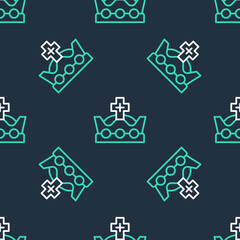 Wall Mural - Line King crown icon isolated seamless pattern on black background. Vector