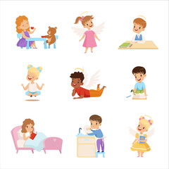 Poster - Obedient Boy and Girl with Good Breeding Engaged in Different Activity Vector Big Set