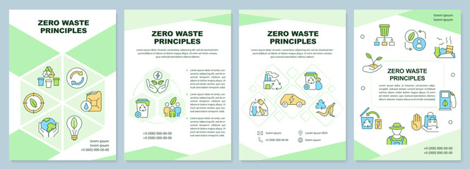 Zero waste principles green brochure template. Eco friendly. Leaflet design with linear icons. Editable 4 vector layouts for presentation, annual reports. Arial-Black, Myriad Pro-Regular fonts used