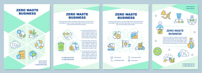 Zero waste business mint brochure template. Sustainability. Leaflet design with linear icons. Editable 4 vector layouts for presentation, annual reports. Arial-Black, Myriad Pro-Regular fonts used