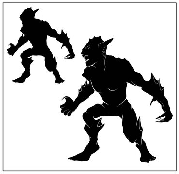 The silhouette of a dark fantasy creature, sea goblin with sharp teeth and claws in full height without background. A terrible monster, the Merman with big ears and fins stands with an open mouth.