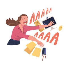 Poster - Furious Woman Office Employee with Fierce Face Crashing and Breaking Everything Around Vector Illustration