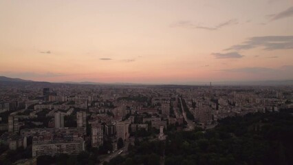 Wall Mural - Aerial view of light pink sunset sky in Sofia, Bulgaria