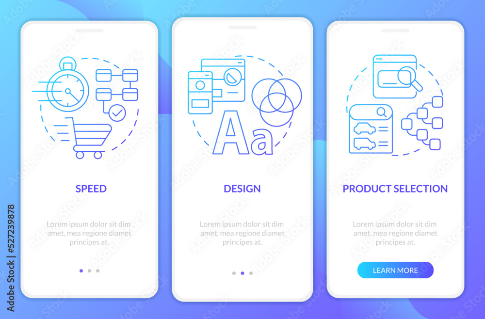 Ecommerce customer requirements blue gradient onboarding mobile app ...