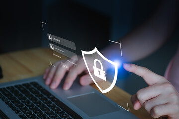 Fototapete - Cyber security concept. protection of privacy personal data. information security and encryption,  secure access to user's personal data,  Hand touch lock. login with username and password.