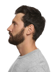 Wall Mural - Profile portrait of bearded man on white background