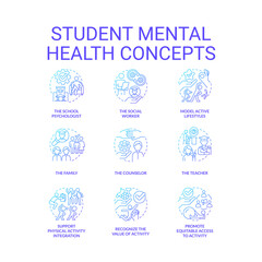 Sticker - Student mental health blue gradient concept icons set. Physical activity and nutrition idea thin line color illustrations. Counseling. Isolated symbols. Roboto-Medium, Myriad Pro-Bold fonts used