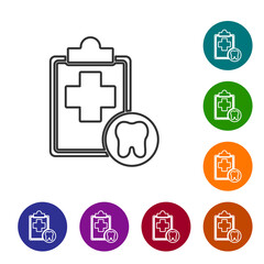 Sticker - Black line Clipboard with dental card or patient medical records icon isolated on white background. Dental insurance. Dental clinic report. Set icons in color circle buttons. Vector