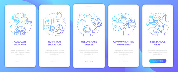 Wall Mural - school lunch program importance blue gradient onboarding mobile app screen. walkthrough 5 steps grap