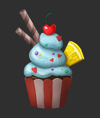 Sweet cupcake with red cherry, lemon and cripsy sticks