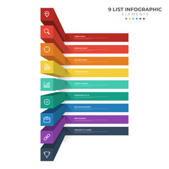 Wall Mural - 9 points of steps diagram, 3D list layout, infographic element template vector with icons