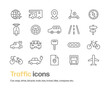 自転車,車,バイクなどの乗り物アイコンと、地図や道路、コンパスなどの交通や旅行に関するアイコンのセット
