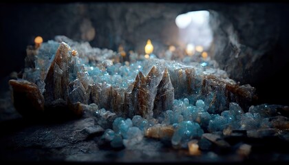 Poster - Dark cave with blue crystals and mountain views outside.