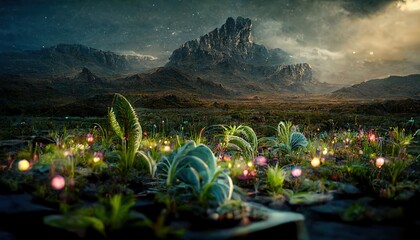 Mountain night landscape with fantastic plants, night starry sky