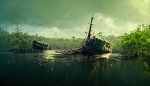 Sunken Ship. Wild Jungle, Tropical Forest Landscape With Green Swamp, Old Dirty Yacht In The Water.