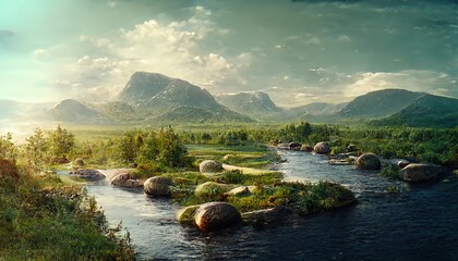 Sticker - Landscape in summer with river, mountains. Green grass and blue sky with clouds