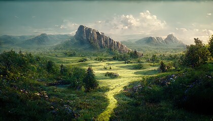 Wall Mural - Landscape of a green meadow on a summer day, rocks and sky with white clouds