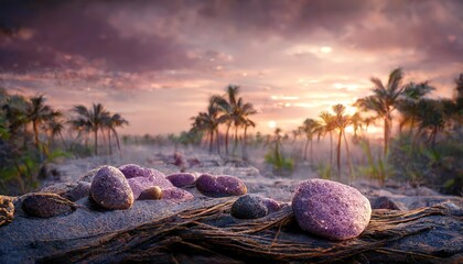 Poster - Palm trees, plants and stones on the seashore under a beautiful purple sky with the sun going down the water's edge