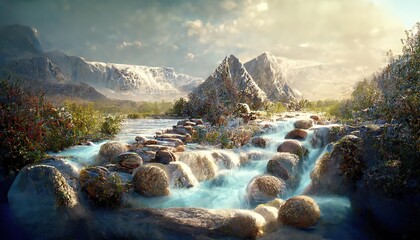 Waterfall in the landscape of mountains. River jet flows into a pond with stones and snowy peaks under a blue sky