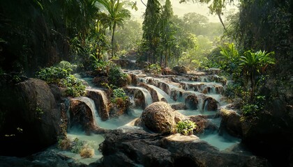 Sticker - Waterfall in tropical jungle with trees, rocks