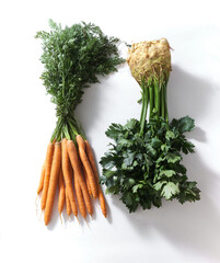 Wall Mural - Flatlay with root vegetables carrot and celeriac on white background