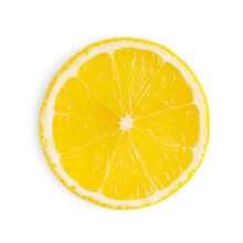 Top View Of Single Cross Section Or Slice Of Juicy Yellow Ripe Lemon Citrus Fruit With Sour Taste Isolated On White Background Used As Ingredient In Cooking Of Preparation Of Lemonade And Cocktails