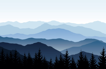 Wall Mural - vector nature landscape with blue silhouettes of mountains and forest