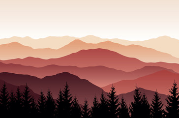 Wall Mural - Vector nature landscape with red silhouettes of mountains and forest