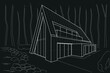 Linear architectural sketch residental building - scandinavian style forest cottage near lake perspective on black background