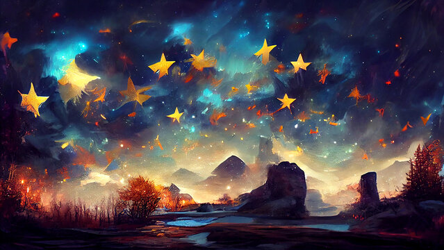 Wall Mural - Fantasy fairy tale hand drawn picture book. Beautiful starry night with colorful sky and a dreamy landscape. Forest by the river drawing. Background for adventure children stories. 3D illustration