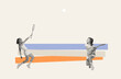 © Lustre Art Group  - Contemporary art collage. Creative design in retro style. Two stylish young girls playing badminton. Leisure time and hobby