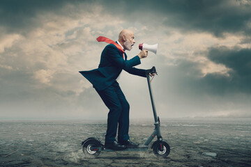 Wall Mural - Businessman riding an electric scooter and shouting through a megaphone