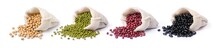 Set Of Mix Bean (soybean, Green Mung Bean, Red Adzuki And Black Beans) In Sack Bag Isolated On White Background.