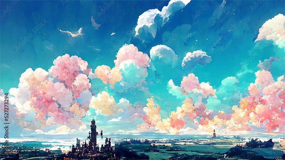 イラスト 絵画 雲 城 ファンタジー 天空 青空 Stock