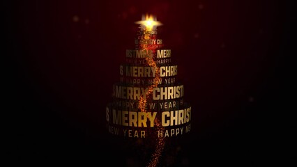 Wall Mural - Golden Christmas tree with Merry Christmas and Happy New Year type.