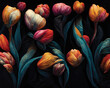 A bouquet of tulips of various colour on a black background. Elegant digital illustration. 