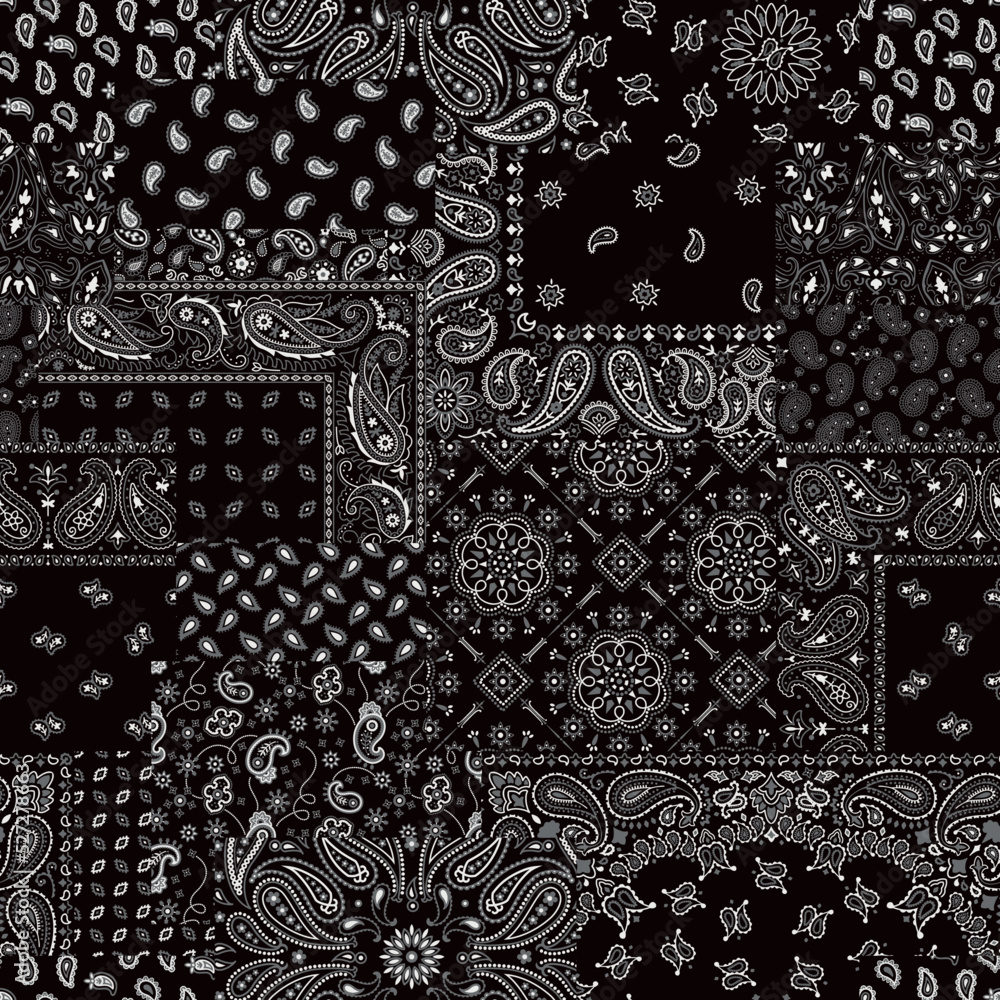 Black paisley bandana fabric patchwork abstract vector seamless pattern ...