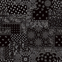 Wall Mural - Black paisley bandana fabric patchwork abstract vector seamless pattern