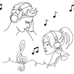 Wall Mural - Young people listen to music in headphones. Vector pattern with musical notes, treble clef sign, young people. One continuous line art drawing