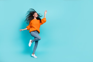 Sticker - Full length portrait of pretty positive person enjoy free time dance look empty space isolated on teal color background