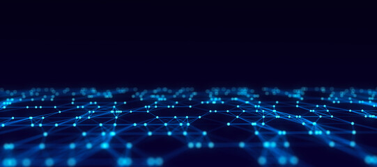 Poster - Wave of particles and lines. Big data visualization. Abstract background with a dynamic wave. 3d rendering.
